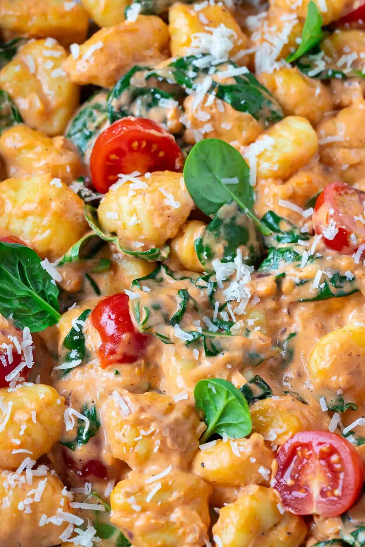 Gnocchi Pfanne in Nahaufahme mit Spinat, Tomaten und cremiger Soße